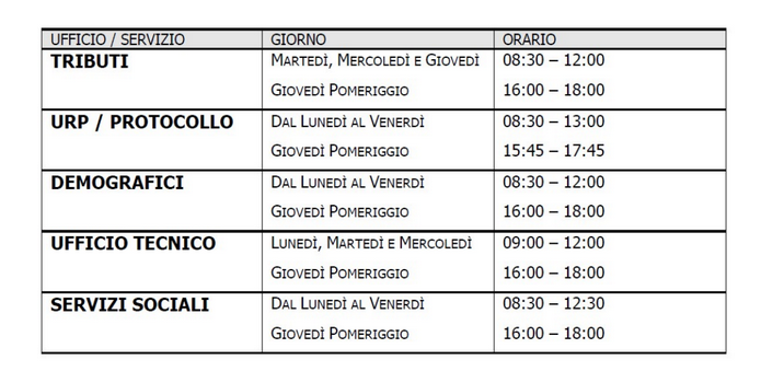Orario Uffici Comunali