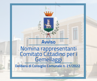 Avviso nomina rappresentanti Comitato Cittadino per i Gemellaggi