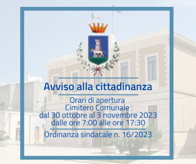 Orari di apertura Cimitero comunale dal 30 ottobre al 3 novembre 2023