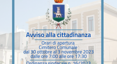 Orari di apertura Cimitero comunale dal 30 ottobre al 3 novembre 2023